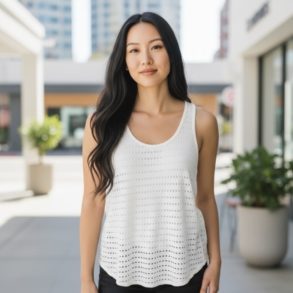 Hard Tail Ivory Perforated Tank Top